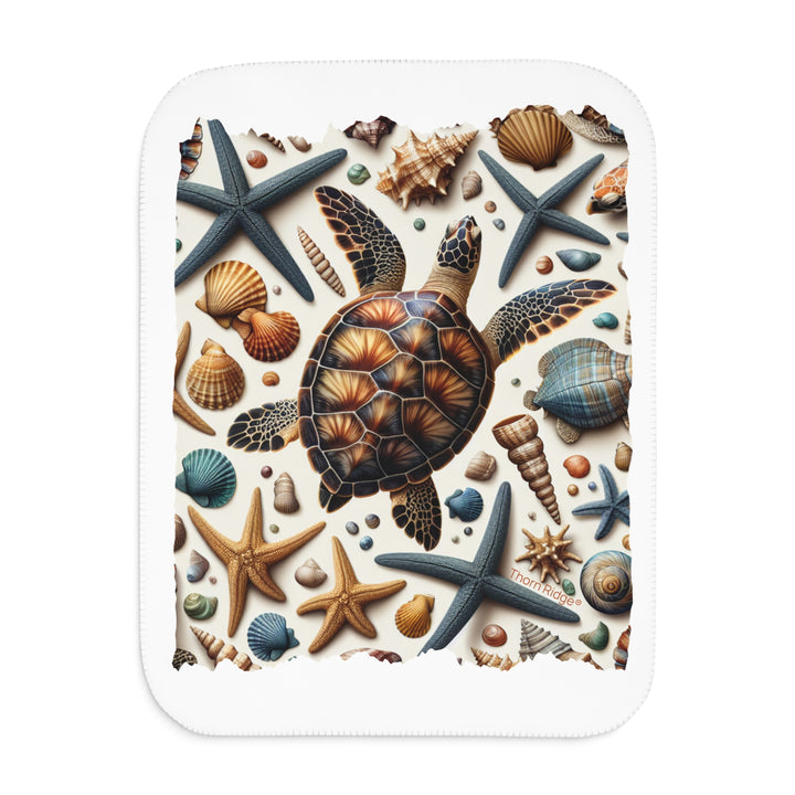 Sea Turtle and sea shells  illustration on a white sherpa blanket branded Thorn Ridge®