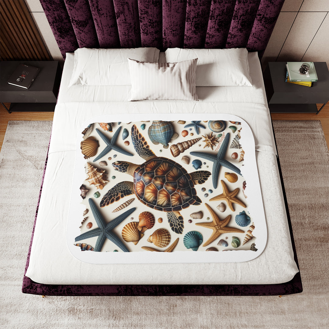 Sea Turtle and sea shells  illustration on a white sherpa blanket branded Thorn Ridge®