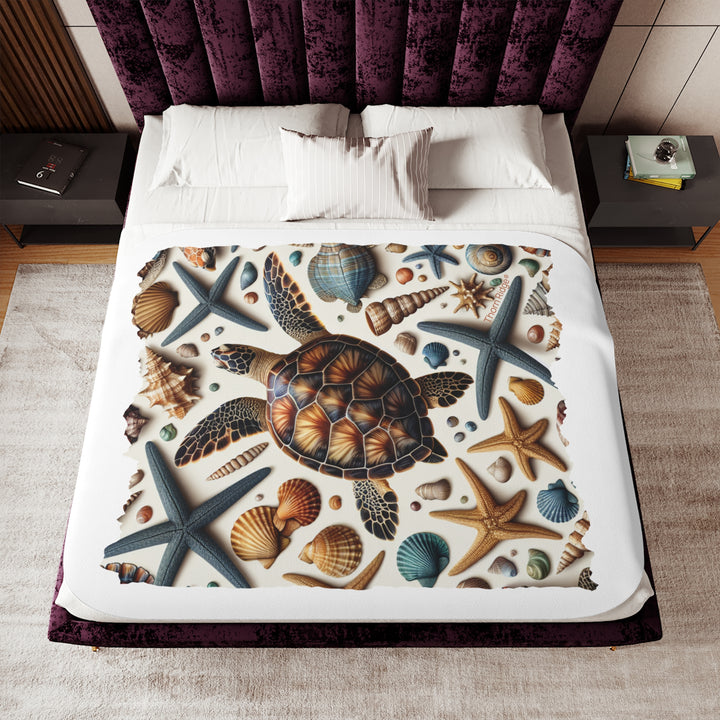 Sea Turtle and sea shells  illustration on a white sherpa blanket branded Thorn Ridge®