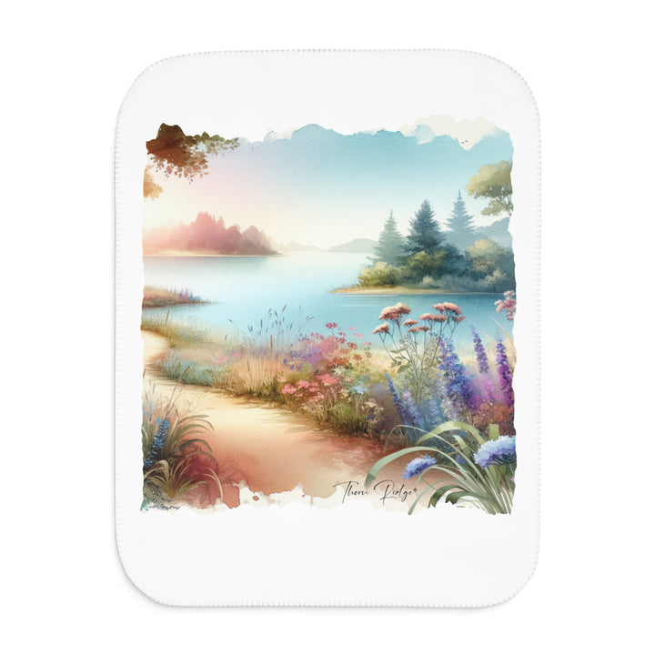 Lakeside Path white Sherpa Blanket with a watercolor image of a serene lake with flowers and a dirt path beside it. Part of Thorn Ridge® legends and lore and branded Thorn Ridge®