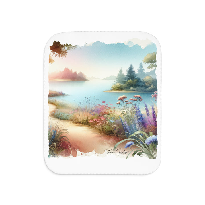 Lakeside Path white Sherpa Blanket with a watercolor image of a serene lake with flowers and a dirt path beside it. Part of Thorn Ridge® legends and lore and branded Thorn Ridge®