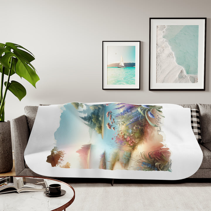 Lakeside Path white Sherpa Blanket with a watercolor image of a serene lake with flowers and a dirt path beside it. Part of Thorn Ridge® legends and lore and branded Thorn Ridge®