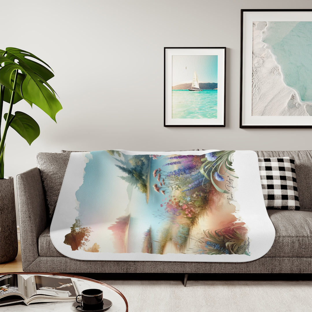 Lakeside Path white Sherpa Blanket with a watercolor image of a serene lake with flowers and a dirt path beside it. Part of Thorn Ridge® legends and lore and branded Thorn Ridge®