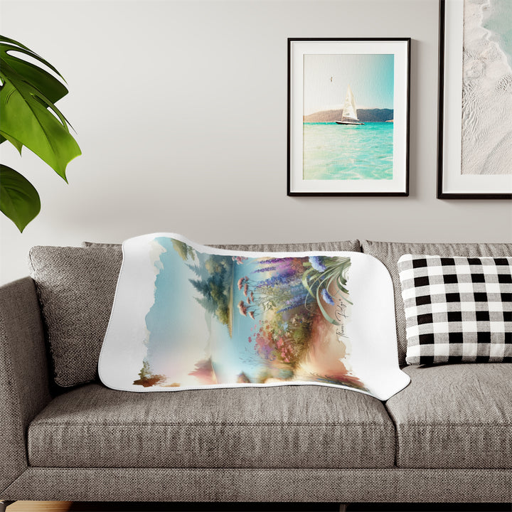 Lakeside Path white Sherpa Blanket with a watercolor image of a serene lake with flowers and a dirt path beside it. Part of Thorn Ridge® legends and lore and branded Thorn Ridge®