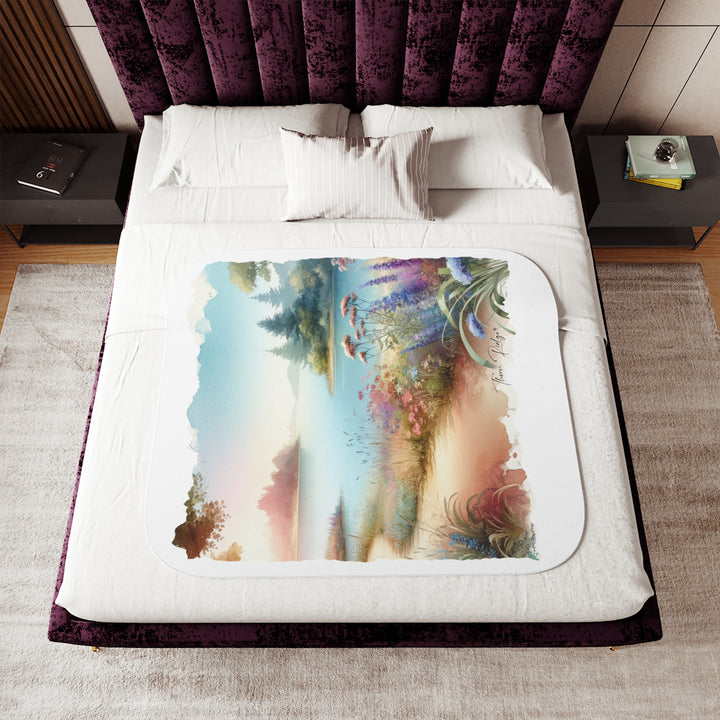 Lakeside Path white Sherpa Blanket with a watercolor image of a serene lake with flowers and a dirt path beside it. Part of Thorn Ridge® legends and lore and branded Thorn Ridge®