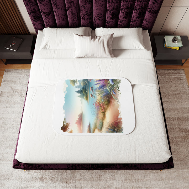 Lakeside Path white Sherpa Blanket with a watercolor image of a serene lake with flowers and a dirt path beside it. Part of Thorn Ridge® legends and lore and branded Thorn Ridge®