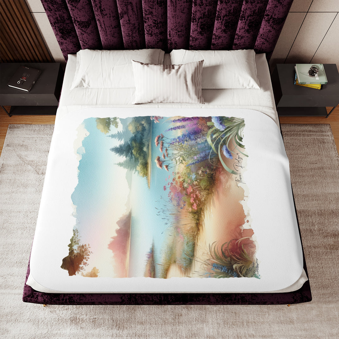 Lakeside Path white Sherpa Blanket with a watercolor image of a serene lake with flowers and a dirt path beside it. Part of Thorn Ridge® legends and lore and branded Thorn Ridge®