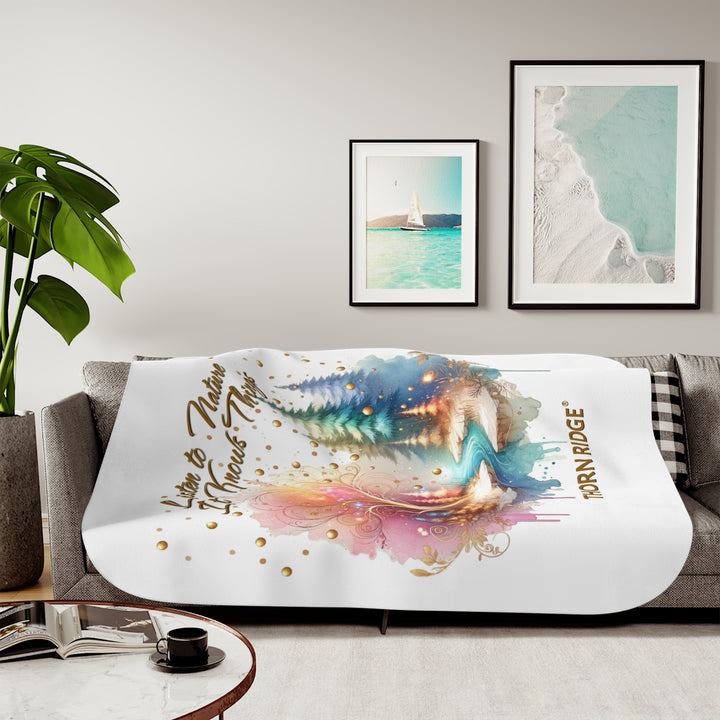 Listen to Nature It Knows Things White sherpa blanket with a watercolor forest image withtall trees, a golden tree without leaves, and a river running through it by Thorn Ridge®
