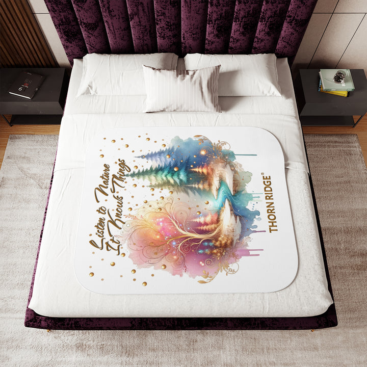 Listen to Nature It Knows Things White sherpa blanket with a watercolor forest image withtall trees, a golden tree without leaves, and a river running through it by Thorn Ridge®