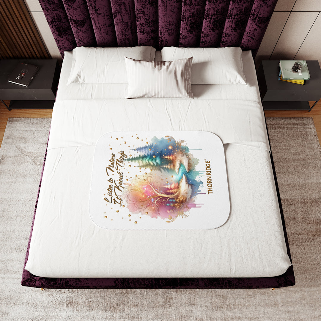 Listen to Nature It Knows Things White sherpa blanket with a watercolor forest image withtall trees, a golden tree without leaves, and a river running through it by Thorn Ridge®