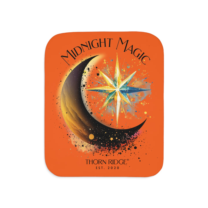 Midnight Magic orange sherpa blanket featuring a star and moon design and branded as Thorn Ridge® EST 2020