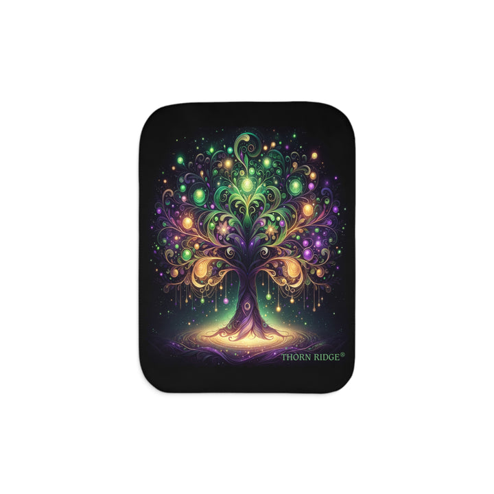 Tree of Life neon colored illustration on a black sherpa blanket labeled Thorn Ridge®