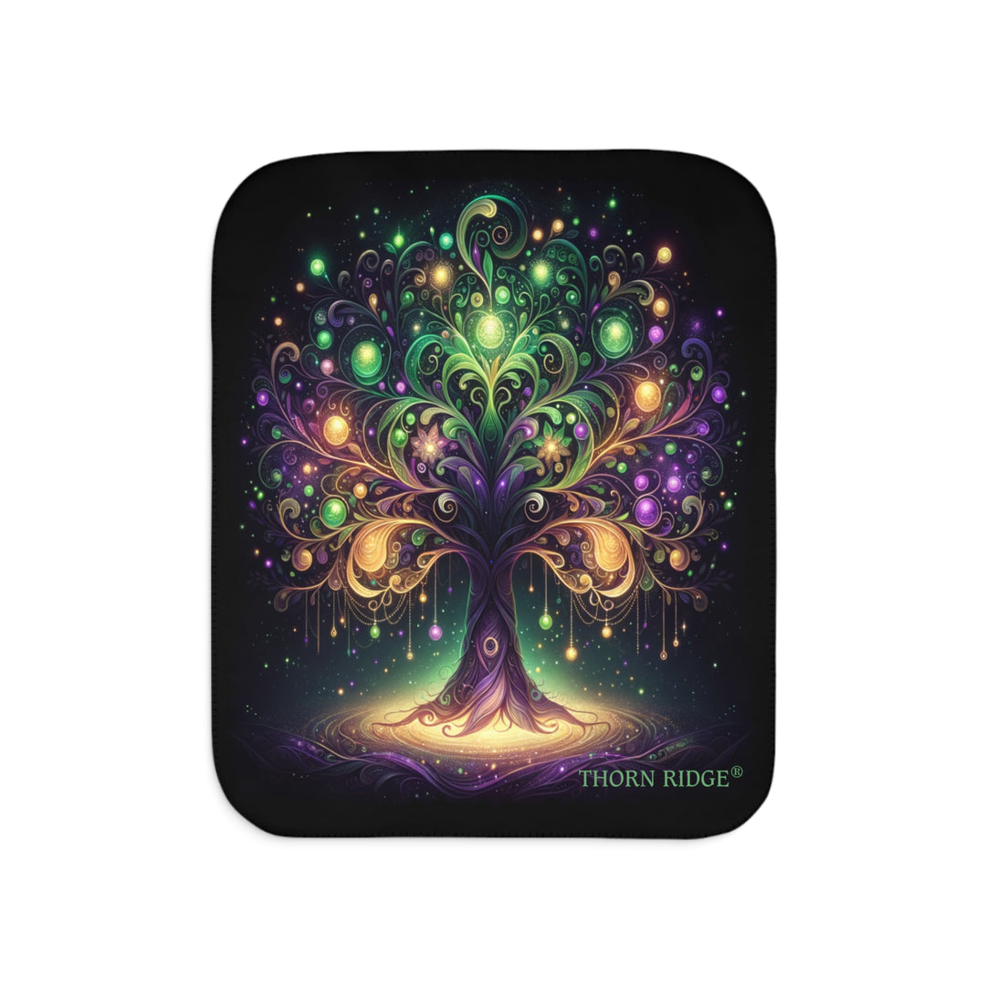 Tree of Life neon colored illustration on a black sherpa blanket labeled Thorn Ridge®
