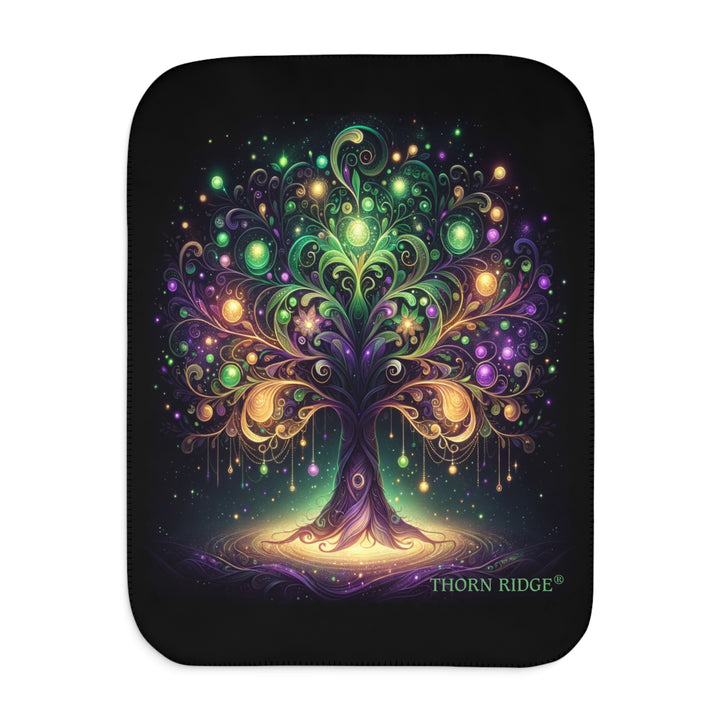 Tree of Life neon colored illustration on a black sherpa blanket labeled Thorn Ridge®