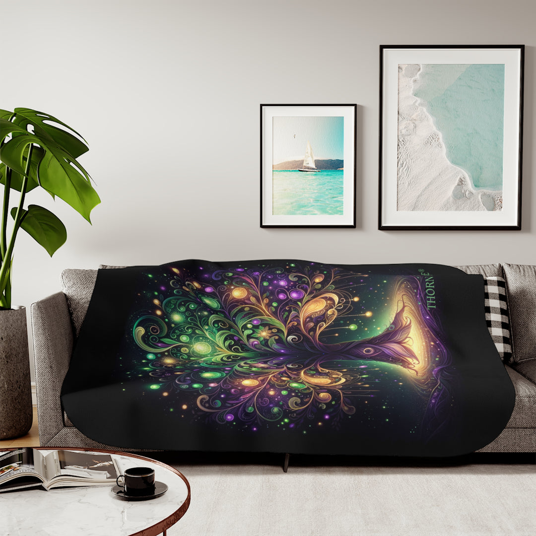 Tree of Life neon colored illustration on a black sherpa blanket labeled Thorn Ridge®