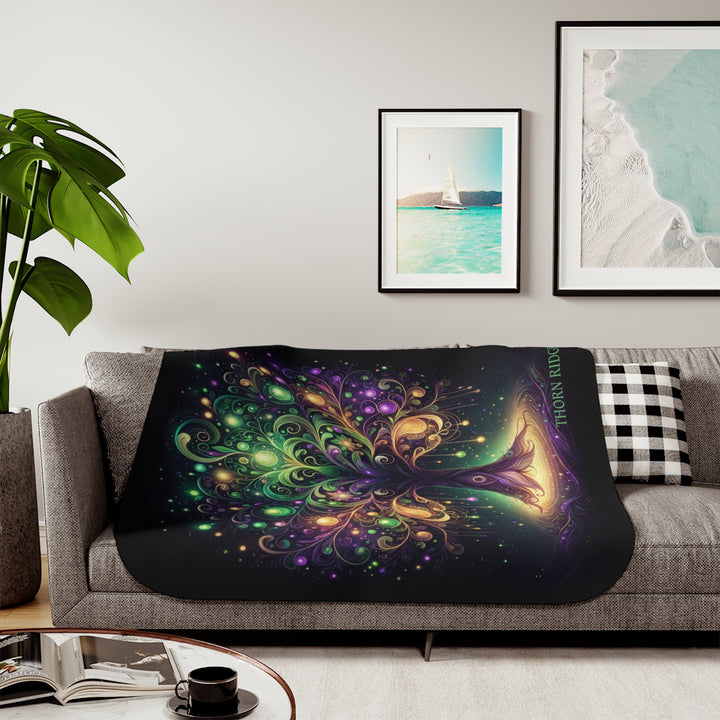 Tree of Life neon colored illustration on a black sherpa blanket labeled Thorn Ridge®