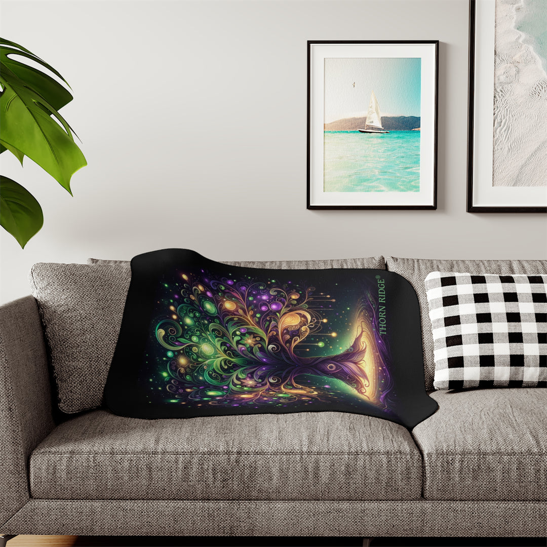 Tree of Life neon colored illustration on a black sherpa blanket labeled Thorn Ridge®