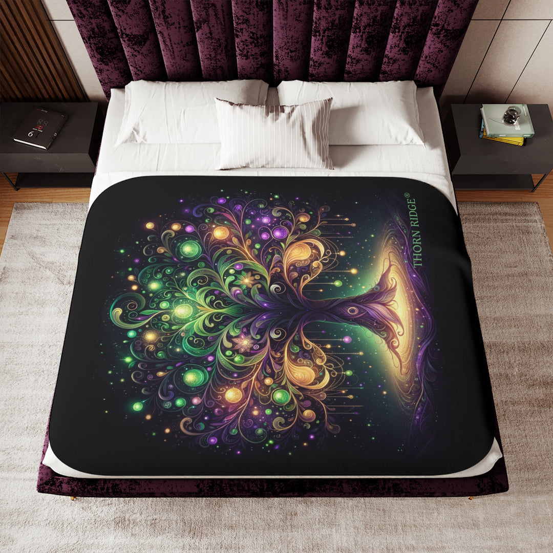 Tree of Life neon colored illustration on a black sherpa blanket labeled Thorn Ridge®