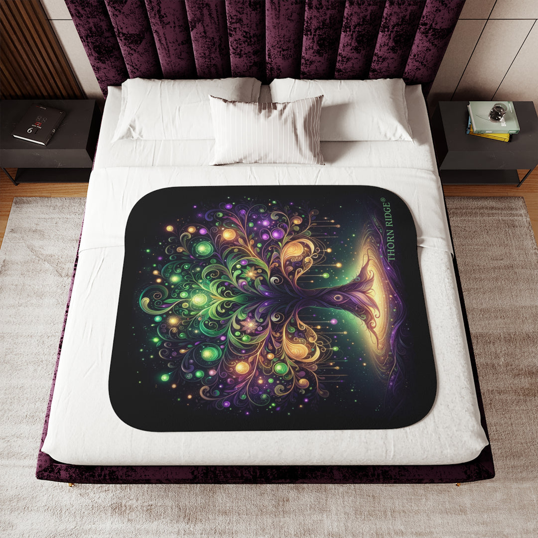 Tree of Life neon colored illustration on a black sherpa blanket labeled Thorn Ridge®