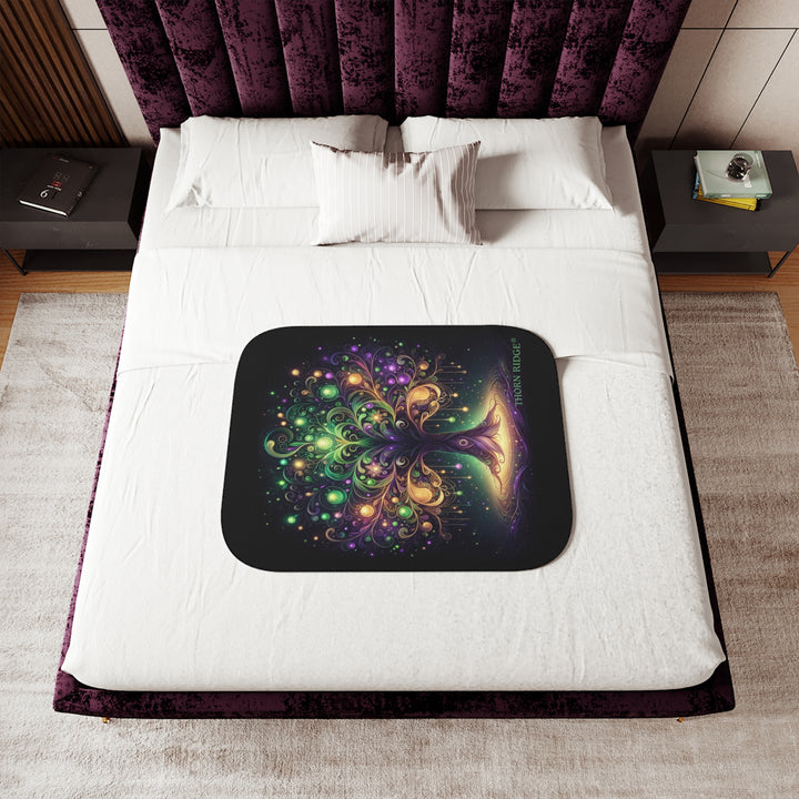 Tree of Life neon colored illustration on a black sherpa blanket labeled Thorn Ridge®