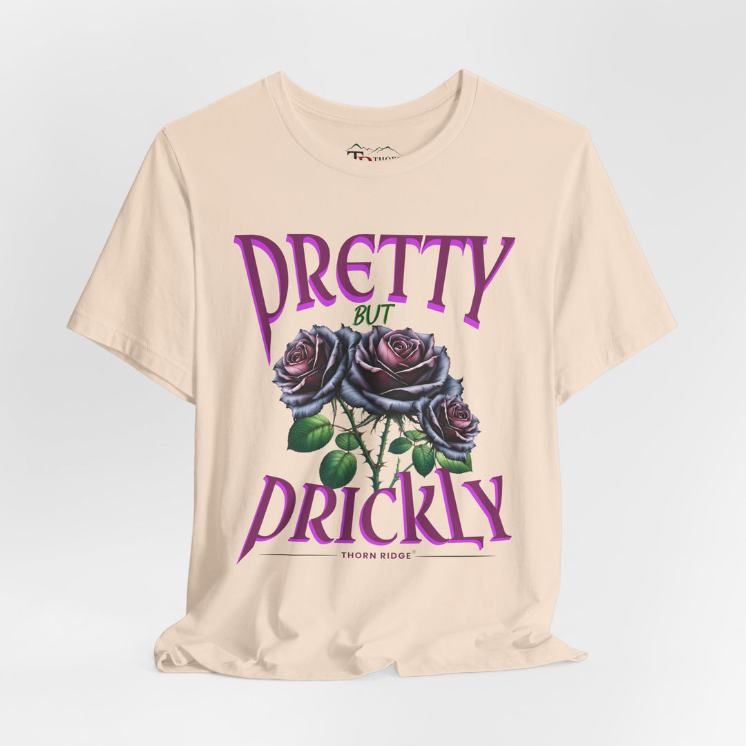 Pretty But Prickly Thorn Ridge Roses Branded t-shirt in purple with black and purple roses. 