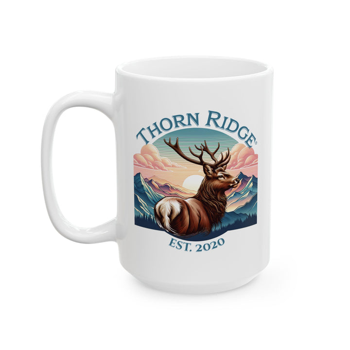 Guardian Buck mug by Thorn Ridge®. White mug with a deer and mountain design and 'Thorn Ridge' text on a white background