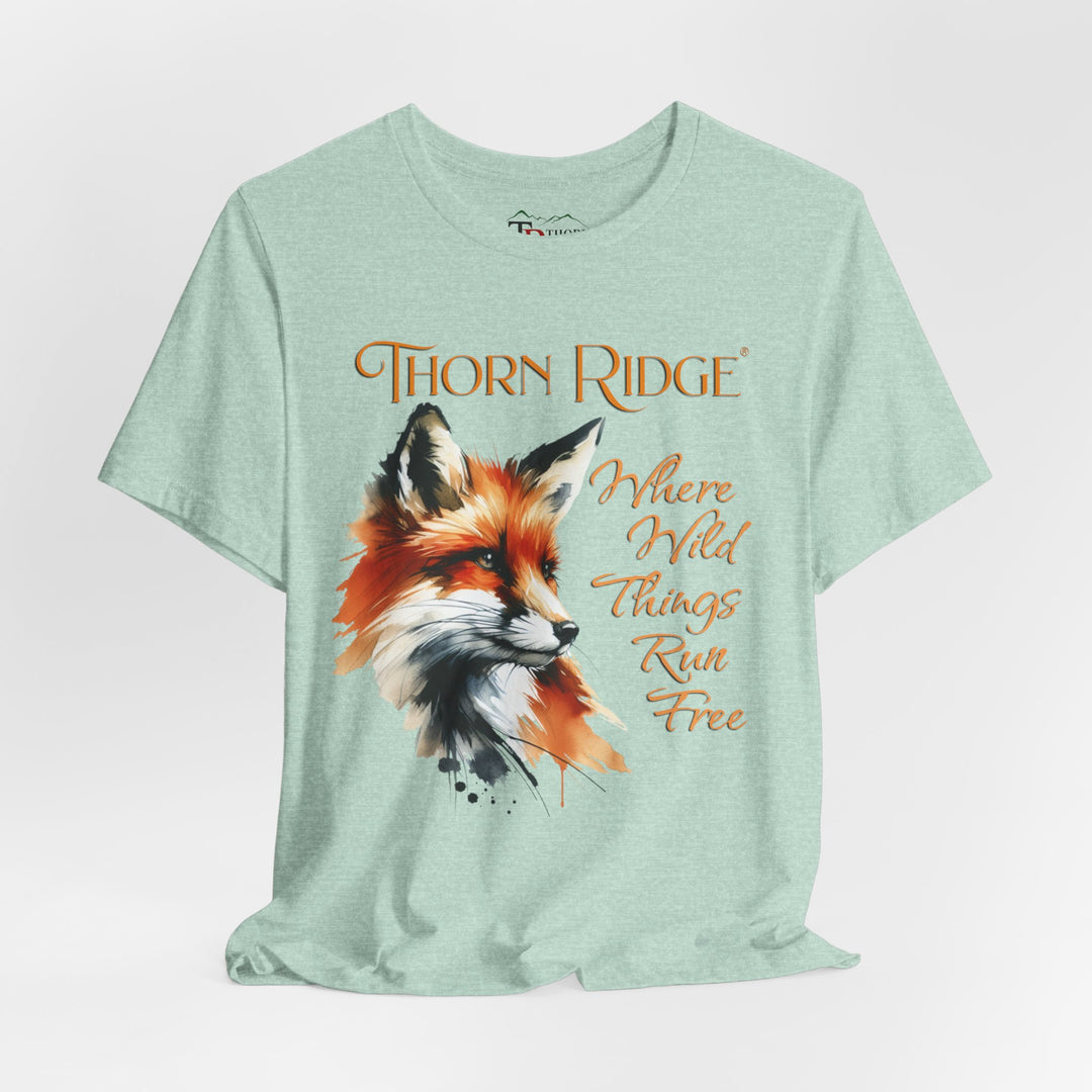 Where Wild Thing Run Free graphic tee with a fox labeled Thorn Ridge®