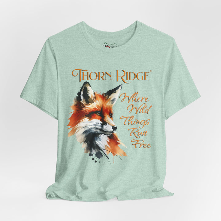 Where Wild Thing Run Free graphic tee with a fox labeled Thorn Ridge®