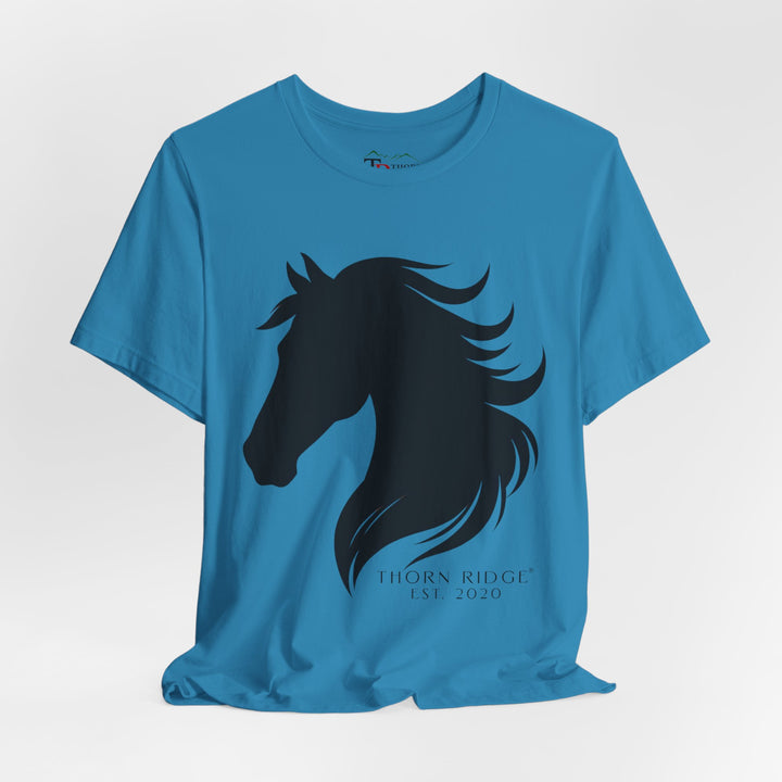 t-shirt with black horse silhouette and 'Thorn Ridge' branding 