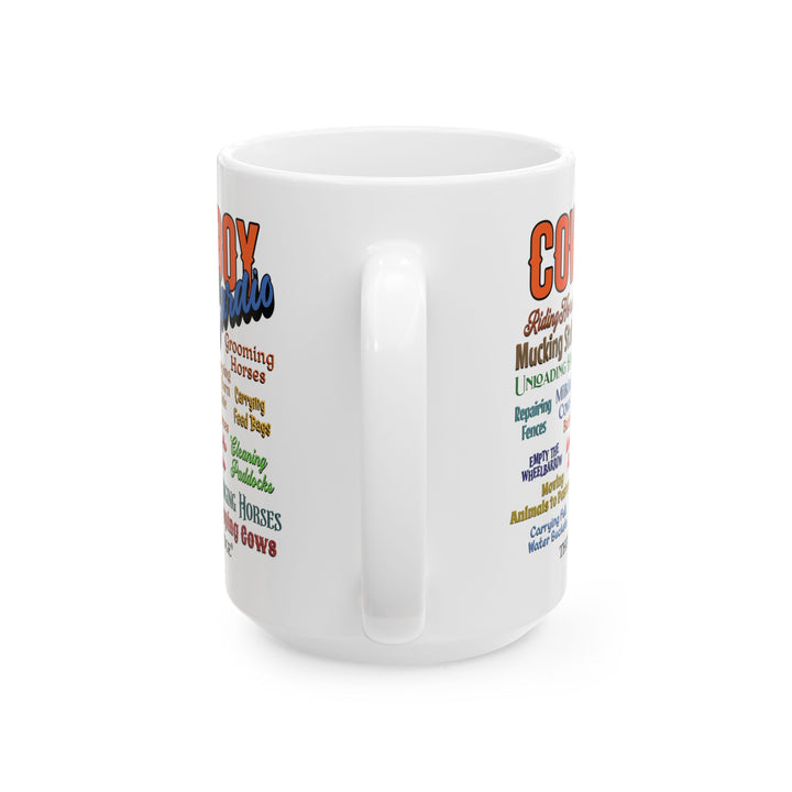 Cowboy Cardio mug with colorful text listing cowboy chores on a white background by Thorn Ridge®