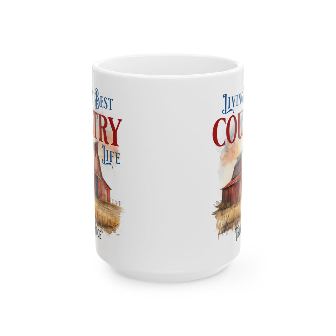 Mug with a barn illustration and text 'Living My Best Country Life' labeled Thorn Ridge®