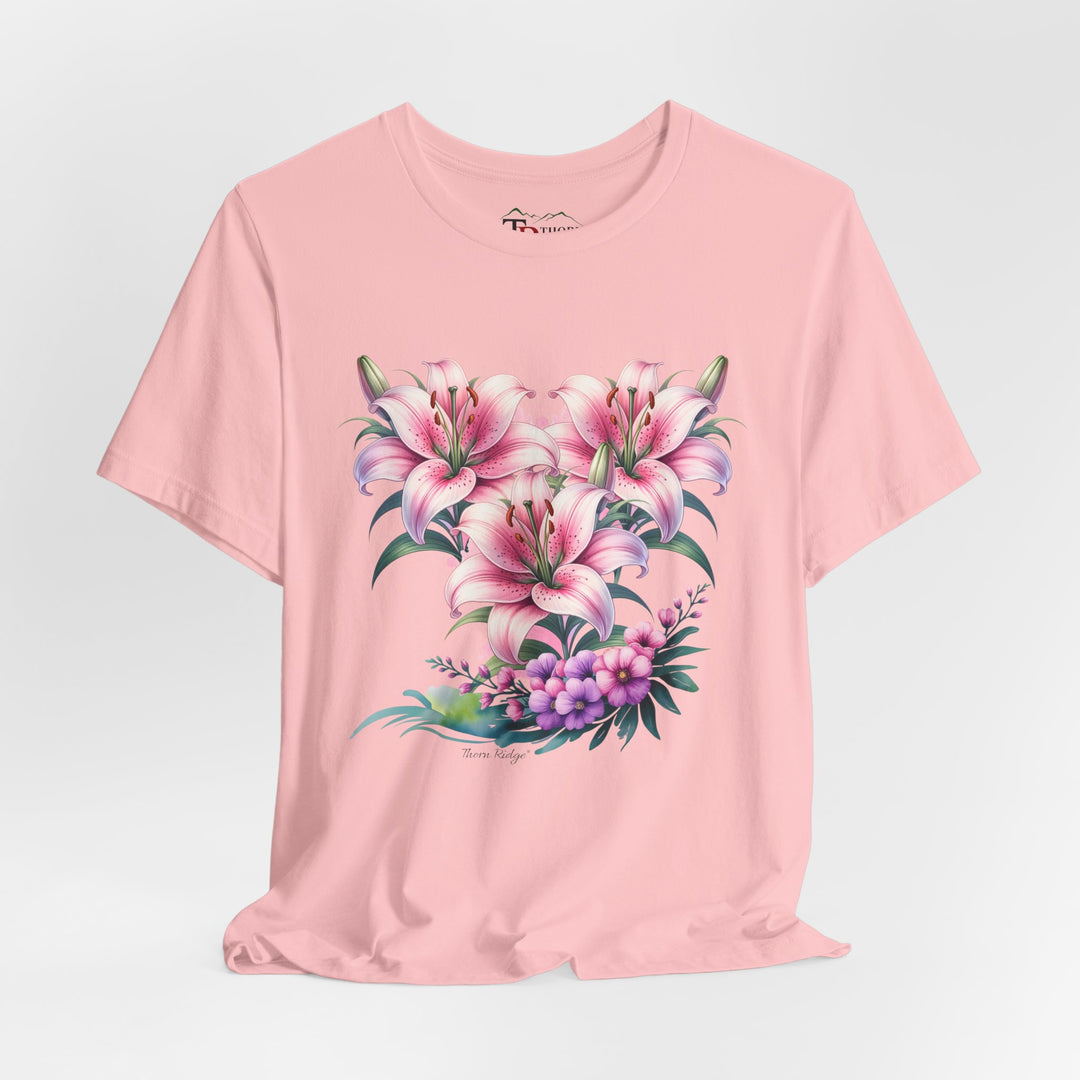 t-shirt with pink floral design of three lillies branded to Thorn Ridge®