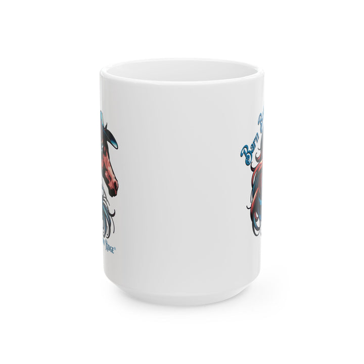 Barn Boss mug by Thorn Ridge® with a horse wearing a cowboy hat and has a long flowing mane. 