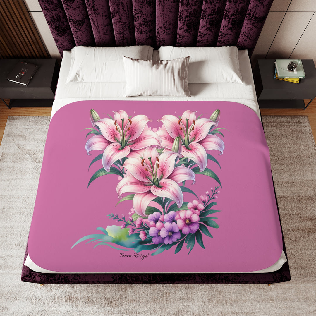 Three Lillies illustraton in pink on a pink sherpa blanket by Thorn Ridge®