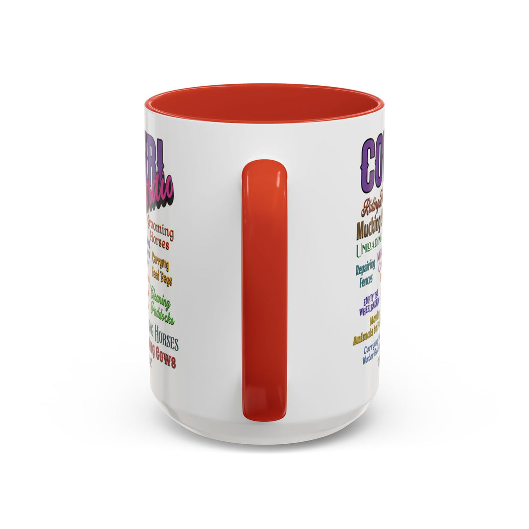 Mug with 'Cowgirl Cardio' text and red handle on a white background