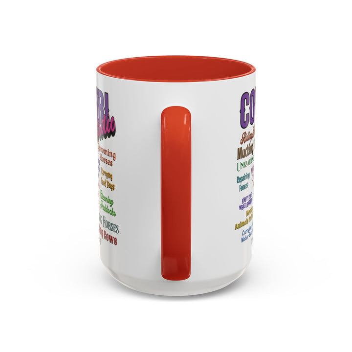 Mug with 'Cowgirl Cardio' text and red handle on a white background