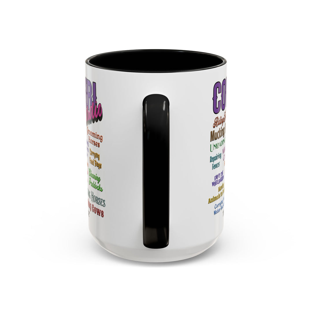 Mug with 'Cowgirl Cardio' text and black handle on a white background