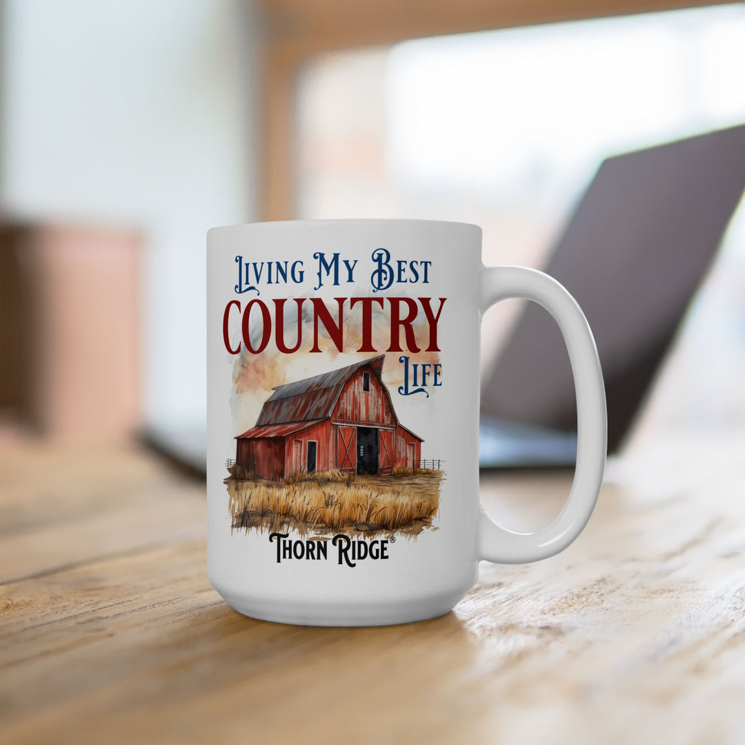 Mug with a barn illustration and text 'Living My Best Country Life' labeled Thorn Ridge®