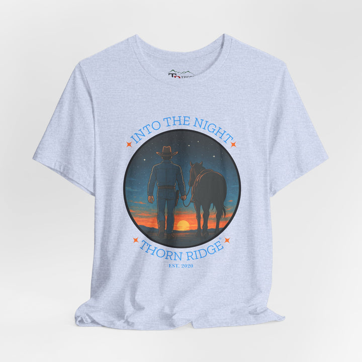 t-shirt with 'Into the Night' and 'Thorn Ridge' graphic design of a cowboy leading his horse into the setting sun as night is falling.