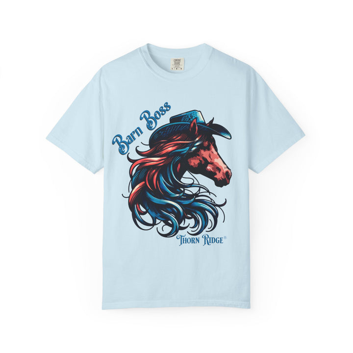 t-shirt with a horse head wearing a cowboy hat graphic labeled Barn Boss and Thorn Ridge