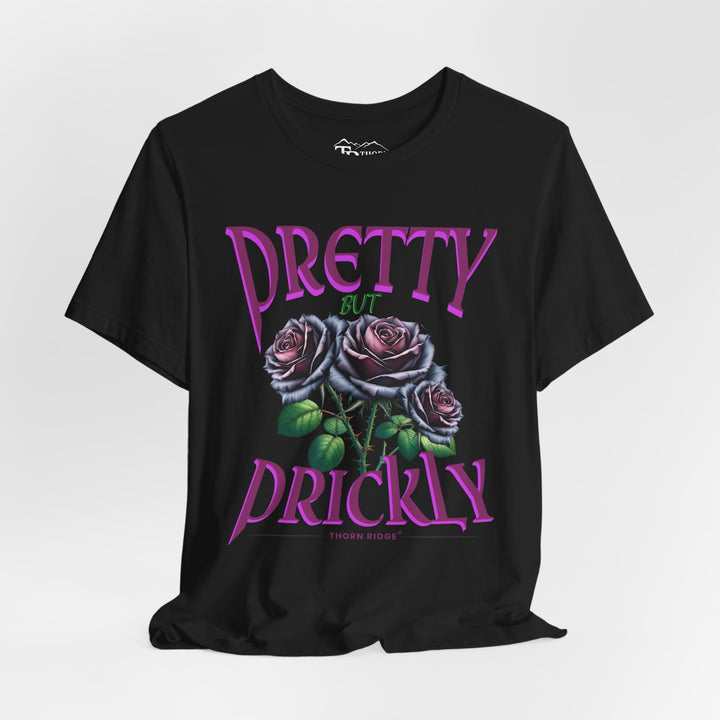 Pretty But Prickly Thorn Ridge Roses Branded t-shirt in purple with black and purple roses. 