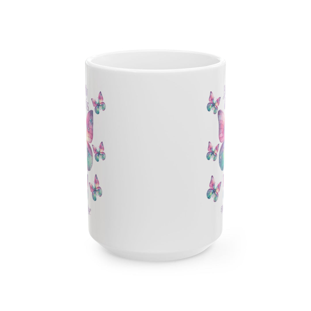 White mug with colorful butterfly design and 'Butterfly Dreams' text by Thorn Ridge®