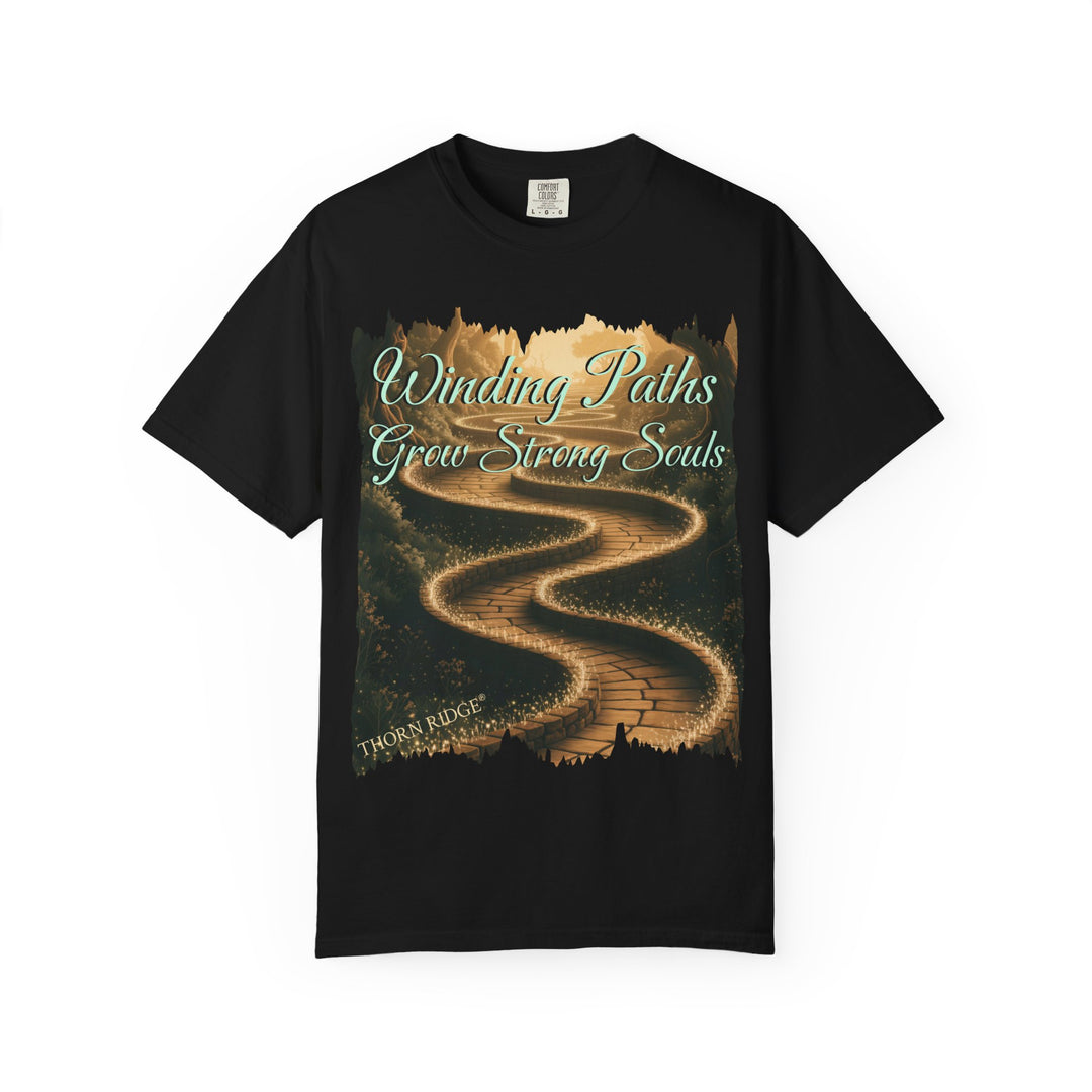Winding Paths Grow Strong Souls graphic tee with a winding stone path labeled Thorn Ridge®