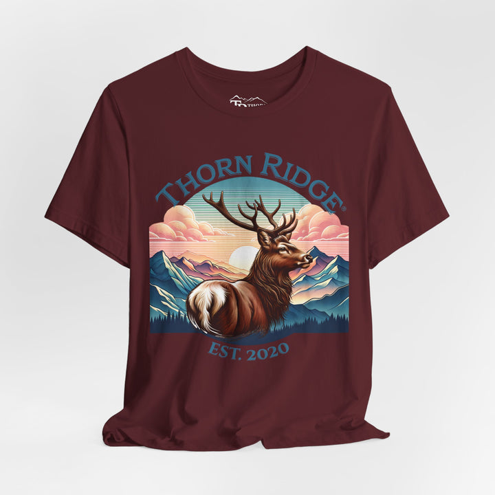 Guardian Buck Tee of a white tailed buck looking out across the mountains labeled Thorn Ridge®