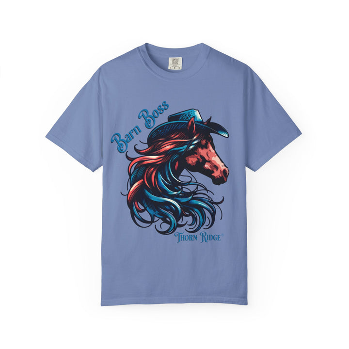 t-shirt with a horse head wearing a cowboy hat graphic labeled Barn Boss and Thorn Ridge