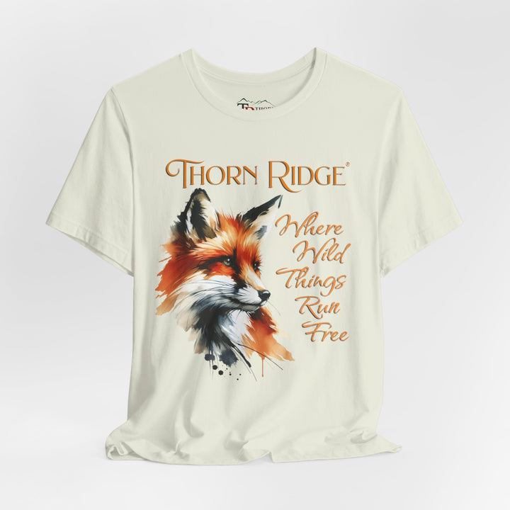Where Wild Thing Run Free graphic tee with a fox labeled Thorn Ridge®