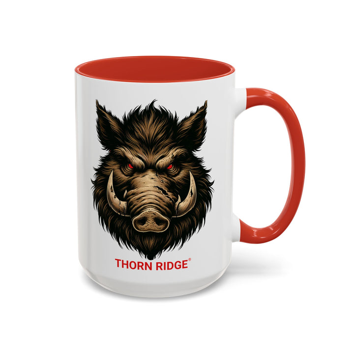 White mug with red interior and handle featuring a boar design and 'Thorn Ridge' text on a white background.