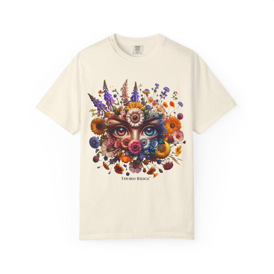t-shirt with a colorful floral design and eyes in the center that seem like they're watching you. Branded Thorn Ridge®.