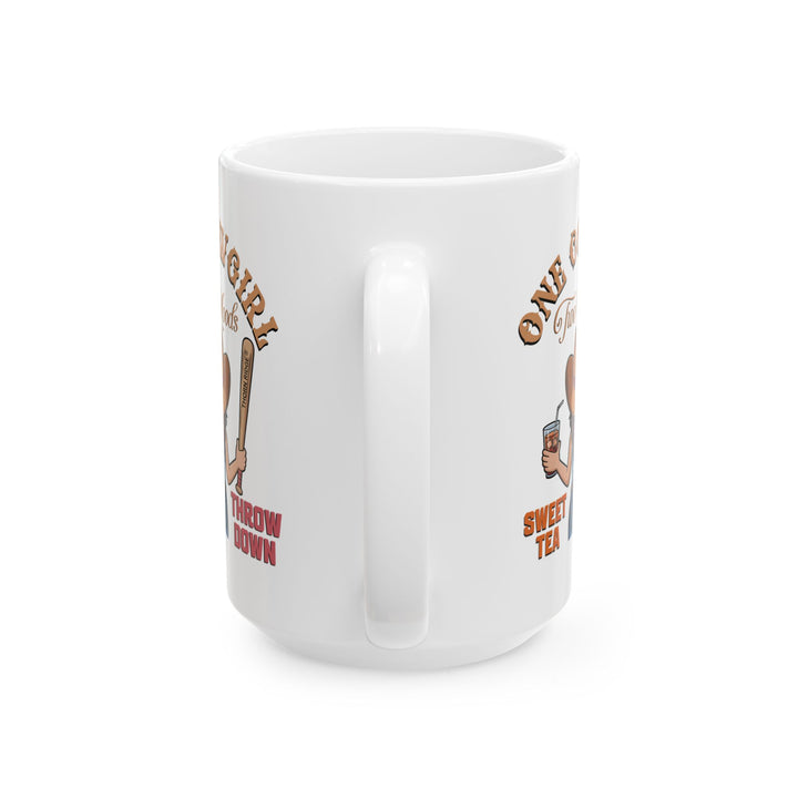White mug by Thorn Ridge® with a graphic of a cowgirl holding a drink and a bat, with text 'One Cow Girl Two Moods Sweet Tea Throw Down' on a white background.
