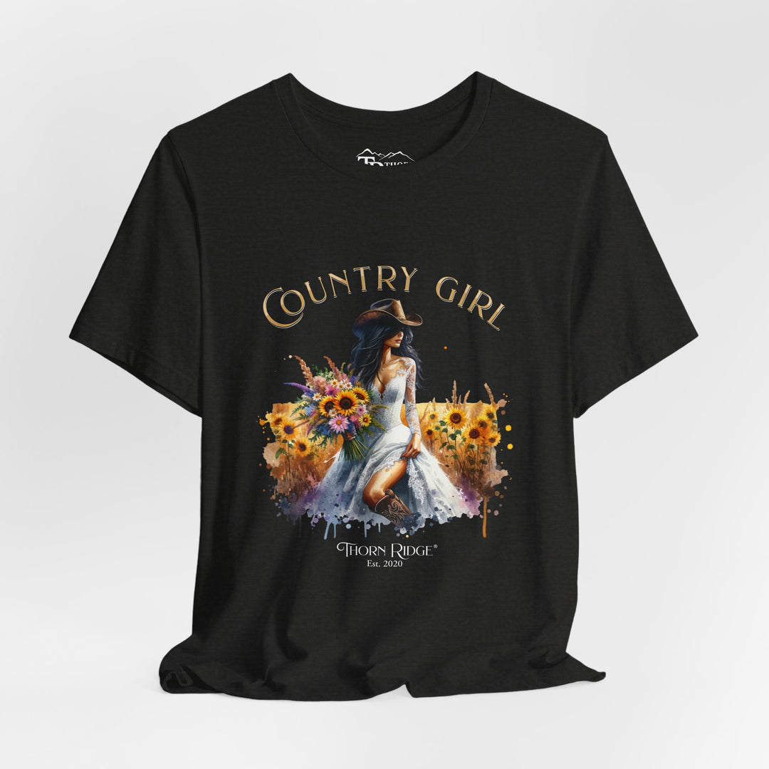 t-shirt with 'Country Girl' graphic design featuring a woman in a white dress and sunflowers and labeled Thorn Ridge®